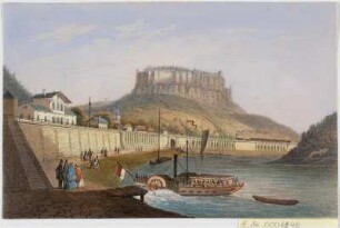 Ansicht des Eisenbahnviaduktes in Königstein, Sachsen, gouachierte Lithographie, um 1860 : Eisenbahn zu Königstein : Sächsische Schweiz. - Dresden : E. Müller , [um 1860]. - 1 Kunstblatt : gouachierte Lithogr. ; 17 x 12 cm