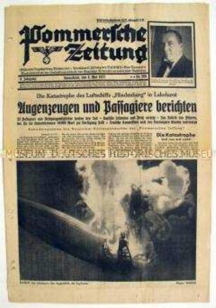 Tageszeitung der NSDAP "Pommersche Zeitung" u.a. zur Explosion des Luftschiffes "Hindenburg" in Lakehurst