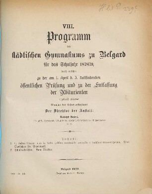 Programm des Städtischen Gymnasiums zu Belgard : für das Schuljahr ..., 1878/79