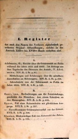 Journal für Geburtshülfe, Frauenzimmer- und Kinderkrankheiten. [17,a]. Reg. von dem 13. - 17. Bd. 1839