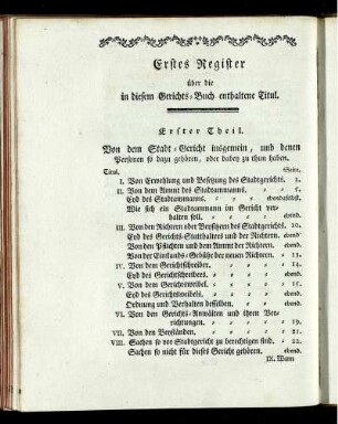 Erstes Register über die in diesem Gerichts-Buch enthaltene Titul.
