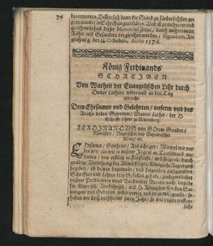 König Ferdinands Schreiben Von Wahrheit der Evangelischen Lehr durch Doctor Luthern widerumb an den Tag gebracht. ...