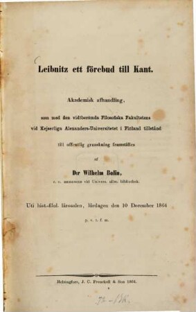 Leibnitz ett förebud till Kant : Akademisk afhandling