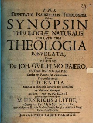Disputatio Inauguralis Theologica exhibens Synopsin Theologiae Naturalis Collatae Cum Theologia Revelata