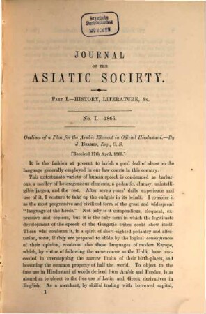 Journal of the Asiatic Society of Bengal. Part 1, History, antiquities, etc, 35. 1866, Part. 1
