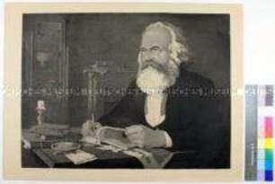 Porträt des Philosophen, Gesellschaftstheoretikers und Journalisten Karl Marx an seinem Schreibtisch