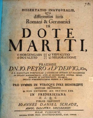Dissertatio Inavgvralis, Qva differentias iuris Romani & Germanici In Dote Mariti, 1) Morgengaba 2) Dotalitio 3) Vidvalitio 4) Melioratione