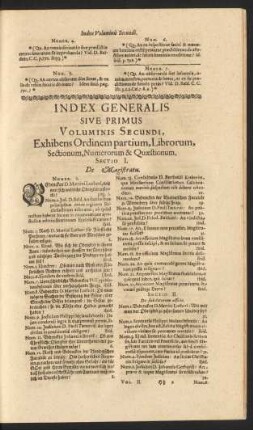 Index Generalis Sive Primus Voluminis Secundi, Exhibens Ordinem partium, Librorum, Sectionum, Numerorum & Quaestionum.