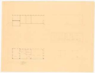 Wettbewerb »Das wachsende Haus« für die Ausstellung »Sonne, Luft und Haus für Alle« 1932 auf dem Messegelände, Berlin-Charlottenburg: Die Kernanlage: Grundriss, Ansicht, Schnitt Nord-Ost, Süd-Ost, Nord-West 1:50