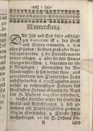 [Anmerckung, Vorbereitung zur Betrachtung, Betrachtung, Außtheilung der Zeit, Gebett nach der Betrachtung]