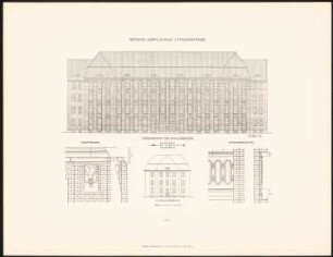 Gemeindedoppelschule an der Litauer Straße, Berlin: Vorderansicht Schulgebäude, Ansicht Lehrerwohnhaus, Details (aus: Neubauten der Stadt Berlin, Bd. XI, 1912)
