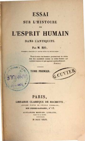 Essai sur l'histoire de l'esprit humain dans l'antiquité, 1
