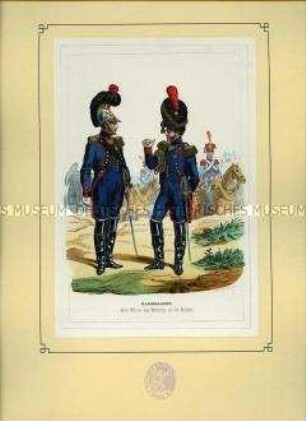 Uniformdarstellung, Stabsoffiziere des Genie-Korps und der Artillerie, Frankreich, 1804. Aus: Bellangé: Die Soldaten der französischen Republik und des Kaiserreichs.
