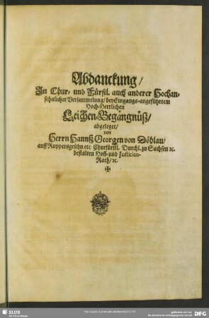 Abdanckung ... bey ... Leichen-Begängnüß ... von Hannß Georgen von Döhlau