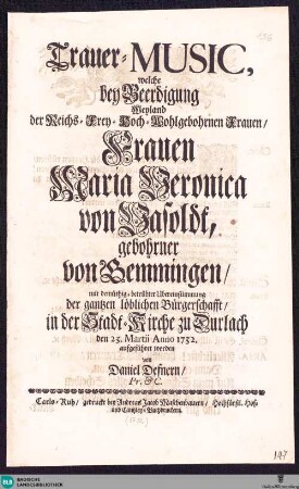 Trauer-Music : welche bey Beerdigung ... Frauen Maria Veronica von Vasoldt, gebohrner von Bemmingen ... aufgeführet worden