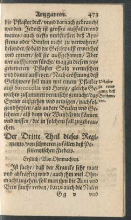 Das Dritte Theil dieses Regiments/ von schweren zufällen deß Pestilentzischen Fiebers.