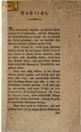 Nachricht : Aufmunterung zum Tabakbau und Anbietung seines Werkes über diesen Industriezweig betr. München 26 May 1831