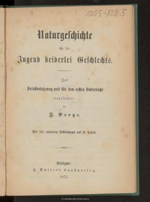 Naturgeschichte für die Jugend beiderlei Geschlechts : zur Selbstbelehrung und für den ersten Unterricht