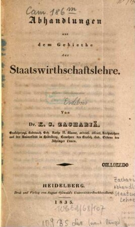 Abhandlungen aus dem Gebiethe der Staatswirthschaftslehre