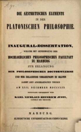 Die aesthetischen Elemente in der Platonischen Philosophie : Inaugural-Dissertation