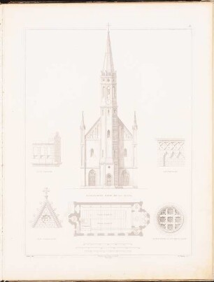 Evangelische Kirche mit 650 Sitzen: Ansicht, Grundriss, vier Details (aus: Entwürfe zu Kirchen, Pfarr- und Schulhäusern, hrsg. von der Kgl. Preuß. Oberbaudeputation, 1845-1855)
