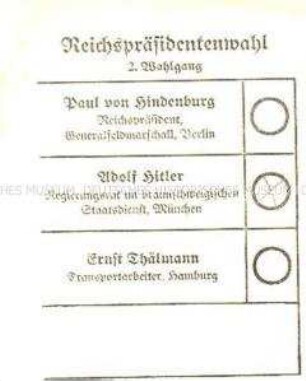 Stimmzettel der Reichspräsidentenwahl 1932, 2. Wahlgang