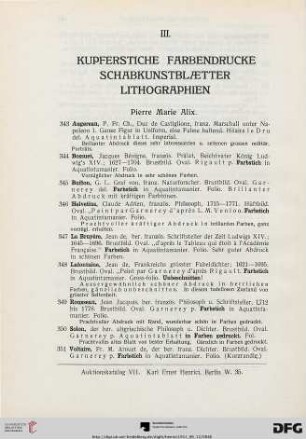 III. Kupferstiche Farbendrucke Schabkunstblätter Lithographien (Nr. 343-876)