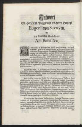Antwort Sr. Hochfürstl. Durchleucht des Herrn Hertzogs Eugenii von Savoyen. An den Türckischen Groß-Vezier Ali-Bassa & c.