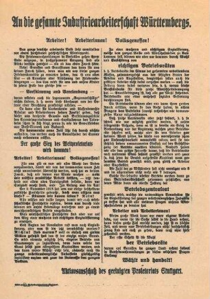 "An die gesamte Industriearbeiterschaft Württembergs." Aufruf zur Wahl von Betriebsräten des Aktionsausschusses des geeinigten Proletariats Stgt.