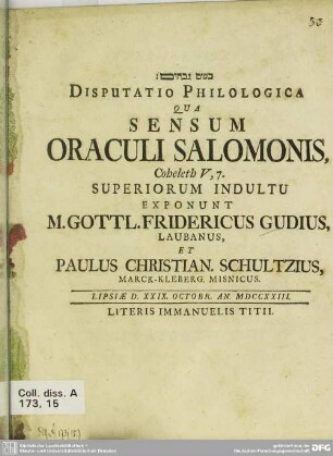 Disputatio Philologica Qua Sensum Oraculi Salomonis, Coheleth V, 7.