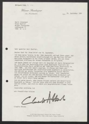 Brief an Nikolaus Bachler an Wiener Festwochen, 26.09.1991