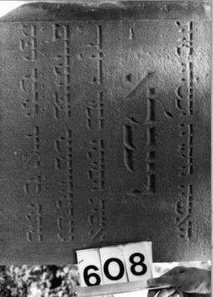 Grabstein 608 (Index: 99802880) Material: Sandstein Zustand: unten leicht verwittert Maße HxBxT: 127x62x11 cm Beschreibung: Sockel, Stele mit verdachtem Segmentbogen: Grabstein 608 (Detailaufnahme)