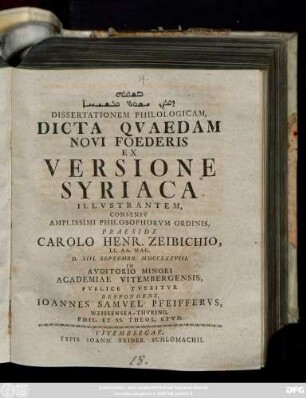 ... Dissertationem Philologicam, Dicta Qvaedam Novi Foederis Ex Versione Syriaca Illvstrantem