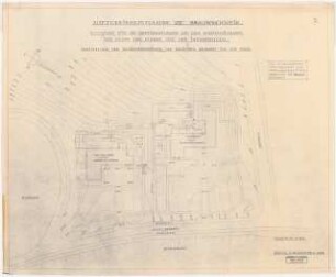 Gartenanlage Luftkreiskommando VII, Braunschweig: Gartenanlagen an den Wohnhäusern des Chefs des Stabes und des Intendanten: Grundriss mit Höhenlinien, Gebäuden und Wegeplan 1:200