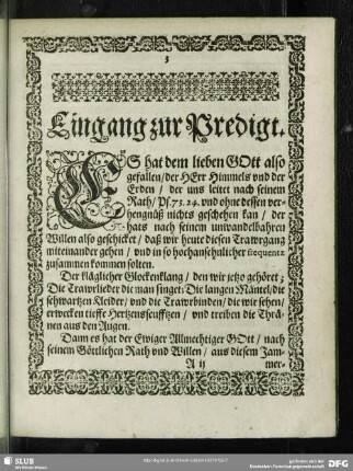 Leichenpredigt : Eingang zur Predigt. Textus. Erklerung deß ersten Theils. Erklerung deß andern Theils