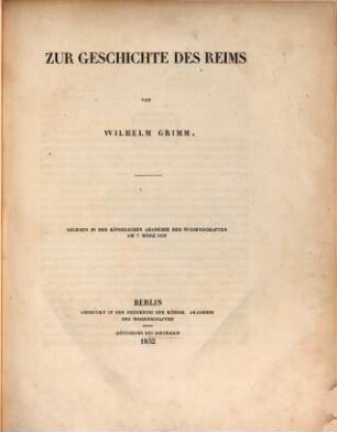 Zur Geschichte des Reims : Gelesen in der k. Akad. d. Wiss. am 7 März 1850