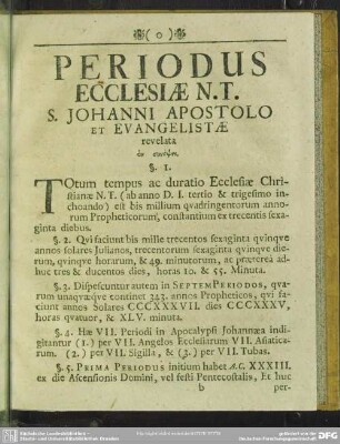 Periodus Ecclesiae N. T., S. Johanni Apostolo Et Evangelistae revelata