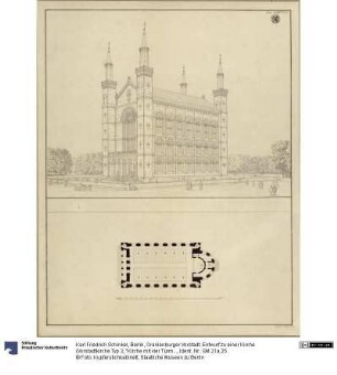 Berlin, Oranienburger Vorstadt. Entwurf zu einer Kirche (Vorstadtkirche Typ 3, "Kirche mit vier Türmen". Perspektivische Ansicht und Grundriss