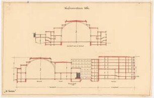 Kaufmannshaus, Köln: Querschnitt und Längsschnitt 1:200