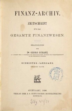 FinanzArchiv : European journal of public finance. 7,[1]. 1890