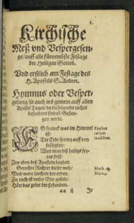 Und erstlich am Festage des H. Apostels S. Andree.