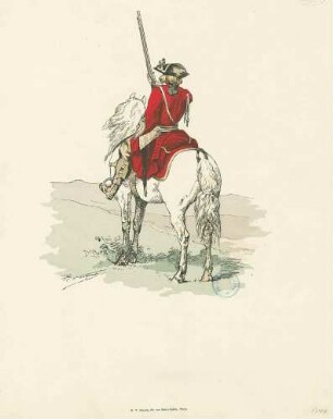 Reiter mit rotem Waffenrock, Mütze, beigefarbene Hose und braunen Stulpenstiefeln, hält Muskete empor, Jahr 1740, Rückenansicht