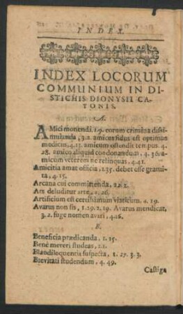 Index Locorum Communium In Distichis Dionysii Catonis