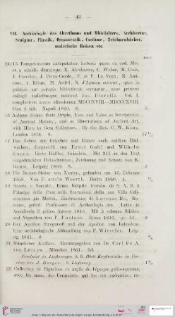 VII. Archäologie des Alterthums und Mittelalters, Architectur, Sculptur, PLastik, Ornamentik, Costüme, Zeichenbücher, malerische Reisen etc (Nr. 23115 - 23156)