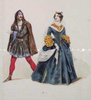 Paar: Mann im schwarzen Wams mit braunem Kapuzenmantel, Frau im blaugrünen Kleid - Tafel aus Franceschini/Neue Kostümsammlung (Kassette 3)
