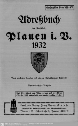 38.1932: Adreßbuch der Kreisstadt Plauen i. V. : nach amtlichen Angaben und eigenen Aufzeichnungen bearbeitet