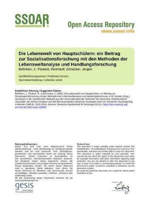 Die Lebenswelt von Hauptschülern: ein Beitrag zur Sozialisationsforschung mit den Methoden der Lebensweltanalyse und Handlungsforschung