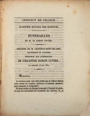 Funérailles de M. le Baron Cuvier. Discours de M. Geoffroy-Saint-Hilaire ... : le mercredi 16 mai 1832