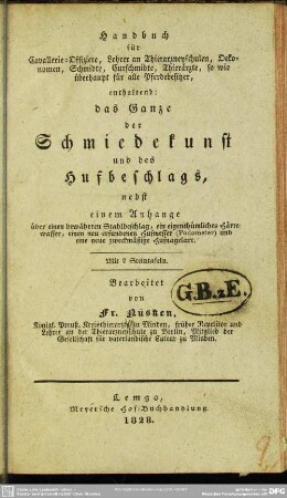 Handbuch für ... alle Pferdebesitzer, enthaltend: das Ganze der Schmiedekunst und des Hufbeschlags