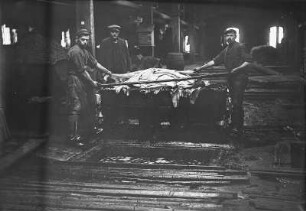 Freiberg-Zug, An der Zugspitze 42. Lederfabrik Zug. Werkteil Zugspitze. Gerberei mit Gerbgruben. Gerber bei der Arbeit